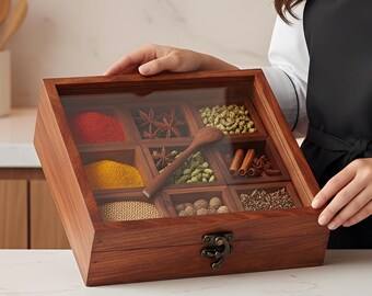 Wooden Spice Box with Lid, 9 Compartment Spice Organizer, Kitchen Storage Container