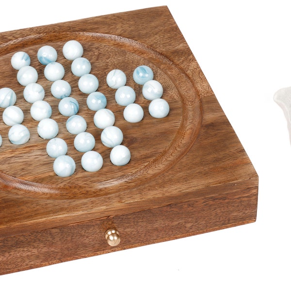 Wooden Handmade Solitaire Board with Marble Game Set, 9x9'' Holiday Indoor Brain Game Set with 33 Glass Balls Pegs, Christmas Day Gift Set