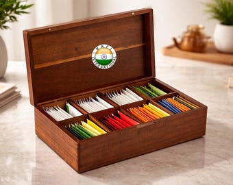 Acacia Wood Tea Bag Organizer – 8 Compartment Storage Box, Kitchen Countertop Caddy