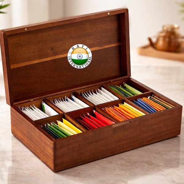Acacia Wood Tea Bag Organizer – 8 Compartment Storage Box, Kitchen Countertop Caddy