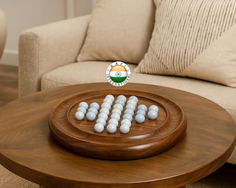Handcrafted Wooden Solitaire Board Game, Crystal Marbles, Brain Teaser