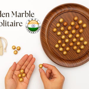 Wooden Solitaire Board Game with Marbles, Brain Teaser Puzzle