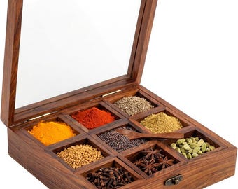 Sheesham Wood Spice Box with Spoon, 9 Compartment Masala Organizer, Indian Kitchen Storage