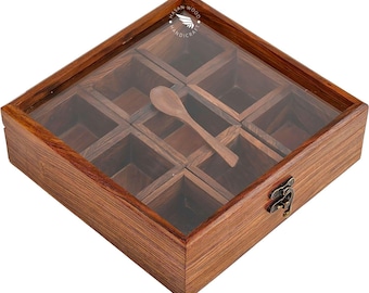 Spice Box - Wood Spice Containers for Kitchen - Rosewood Spice Racks Organizers Handcrafted - Wooden Masala Box (Rosewood, 8x8x2.5-9 Racks)