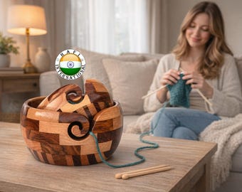 Bol de madera artesanal para lana / Organizador de punto de madera maciza, acabado lacado liso