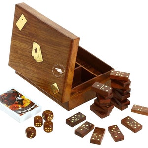 Caja de madera para naipes con 5 dados, 28 fichas de dominó y 1 mazo de cartas, organizador de accesorios de almacenamiento