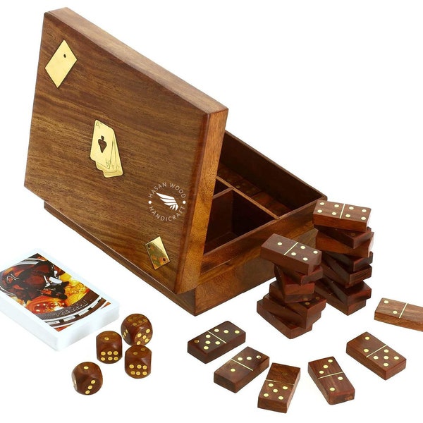 Wooden Playing Card Box with 5 Dice, 28 Dominoes Tiles and 1 Deck of Card Game Set Holder Storage Accessories Organizer