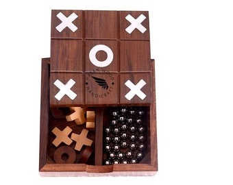 Tic Tac Toe/ Noughts and Crosses and Solitaire Game Unique Handmade Quality Wood Family Board Games (5x5x2")