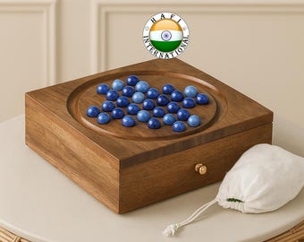 Juego de solitario de 33 fichas de vidrio azul, tablero de madera, juego de ingenio navideño, juego de canicas, regalo de Navidad, juego hecho a mano.