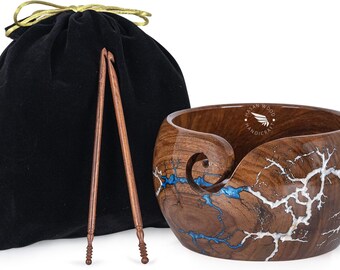 Fractal Rosewood Yarn Bowl with Resin Inlay, Crochet Hooks