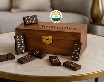Juego de dominó de madera hecho a mano con caja de almacenamiento.