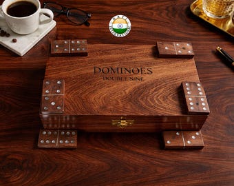 Engraved wooden dominoes set, double nine tiles, custom name box