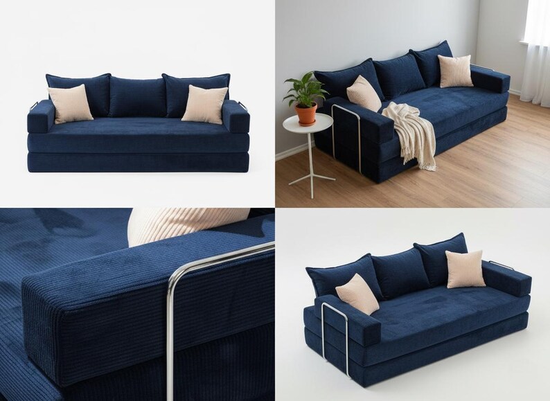 May include: A navy blue corduroy sofa with three back cushions and two beige throw pillows. The sofa has a modern design with a metal frame and is suitable for a living room or lounge area.
