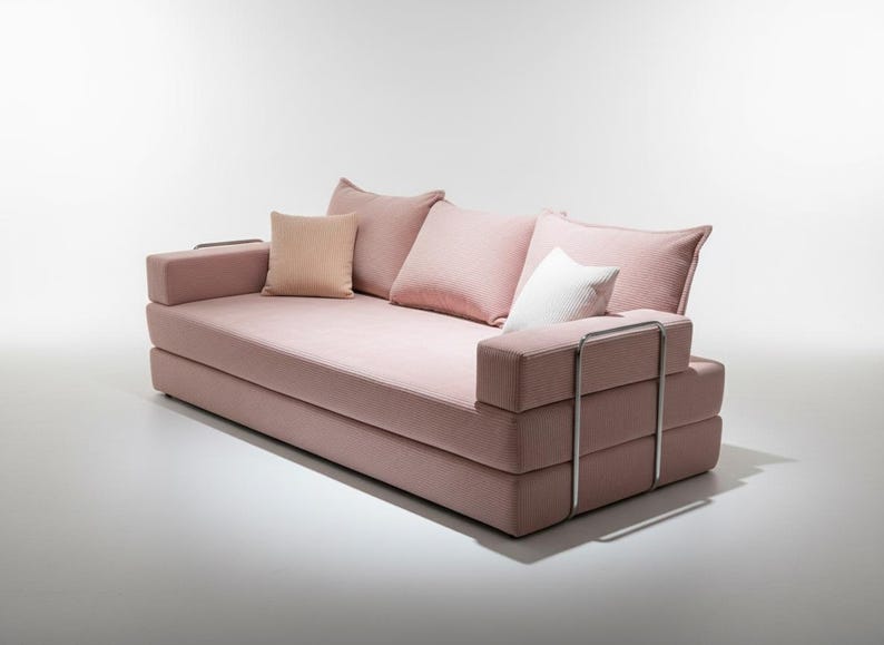 May include: A modern pink sofa with multiple cushions. The sofa has a low profile with a rectangular shape and a metal frame on the armrests. The cushions are in shades of pink and white.