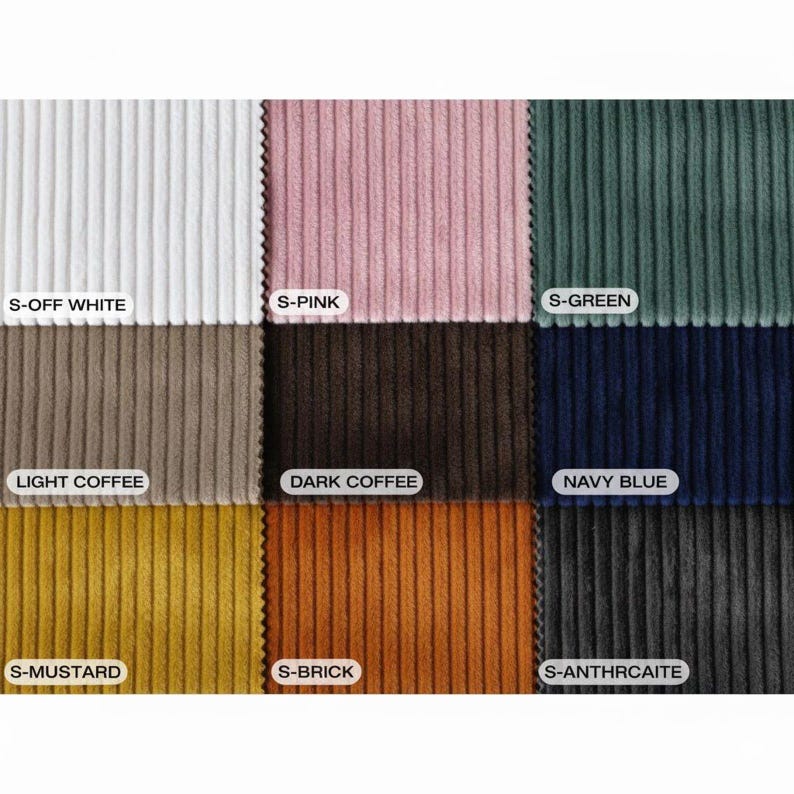 May include: Close-up of nine corduroy fabric swatches in various colors. Colors include off-white, pink, green, light coffee, dark coffee, navy blue, mustard, brick, and anthracite. Each swatch has a label with its color name.