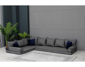 Zestaw wypoczynkowy z szarego lnu, kształt litery L, granatowe akcenty, minimalistyczna, ręcznie robiona sofa modułowa