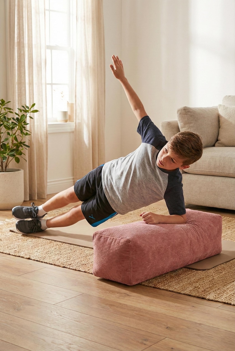 Może przedstawiać: Osoba wykonuje ćwiczenie plank boczny na r&oacute;żowej poduszce z sztruksu. Osoba ma na sobie szarą i granatową koszulkę z kr&oacute;tkim rękawem, czarne szorty i szare trampki. Poduszka leży na brązowej macie, a w tle widać okno i beżową sofę.