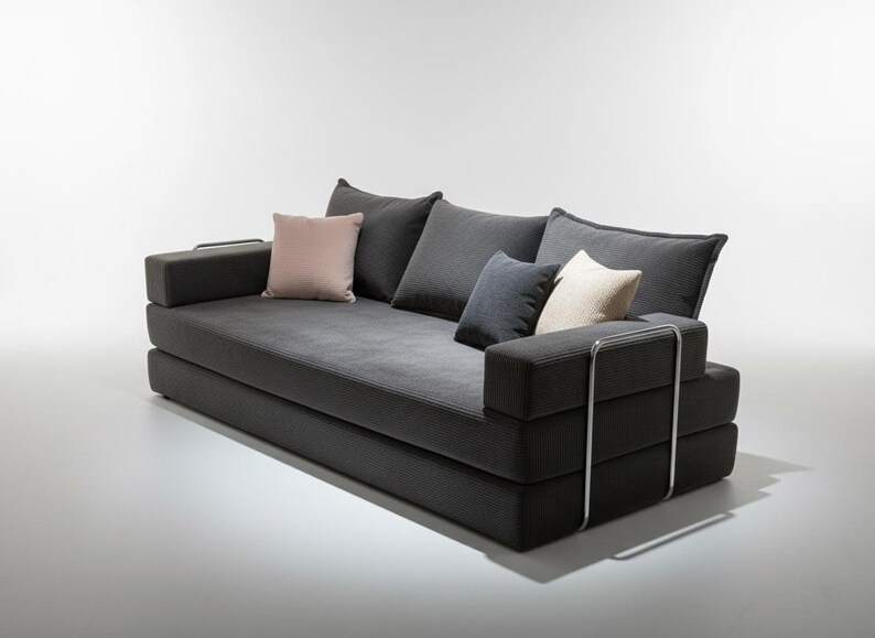 May include: A modern, dark gray sofa with multiple cushions in varying shades of gray and a blush pink accent pillow. The sofa has a low profile and a minimalist design, with chrome accents on the arms.