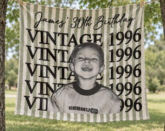 Personalized Photo Birthday Tapestry, 30th Birthday Banner, Vintage Est Year Decor, Custom Vintage Striped Party Decor, Retro Wall Hanging
