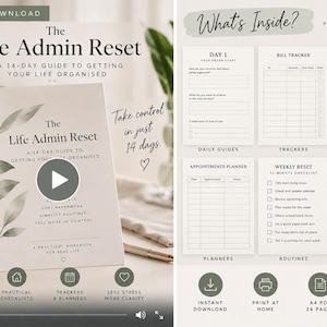 Peut inclure: Un classeur numérique intitulé The Life Admin Reset, un guide de 14 jours pour organiser sa vie. La couverture présente des illustrations de feuilles vertes. L'intérieur comprend 24 pages de feuilles de travail, suivis de factures, listes de tâches ménagères, planificateurs de rendez-vous, routines hebdomadaires et pages de réflexion.