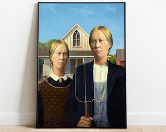 American Gothic Lesbian Couple  |  Altered Art, Classic Art, Modern, Vandalism, Wall Decor, Print, Bold, LGBT, Pride, WLW | A4, A3, A2, A1