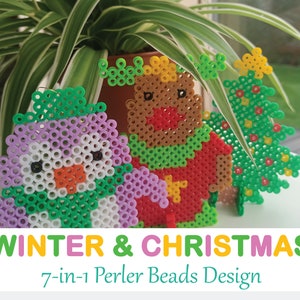 Puede incluir: Un conjunto de 7 diseños de cuentas Perler con temática navideña e invernal. Los diseños incluyen un muñeco de nieve, un reno y un árbol de Navidad. Las cuentas están dispuestas en un patrón para crear los diseños. Los diseños son coloridos y festivos.