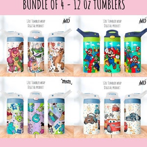 Bundle of 4 Cartoon Tumbler png, Car Sippy Cup 12oz, Monsters Sippy Cup 12oz, Magical Snacks Sippy Cup 12oz