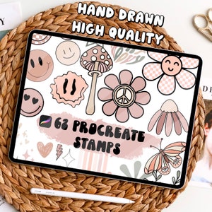 Retro Procreate Stamps, Doodle Brushes, Face, Star, Flower, Peace Sign (Digital Download)