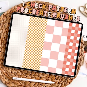 May include: A digital tablet displaying four different check patterns. The patterns are in shades of orange, pink, and red. The text "4 CHECK PATTERN PROCREATE BRUSHES" is displayed at the top of the screen.