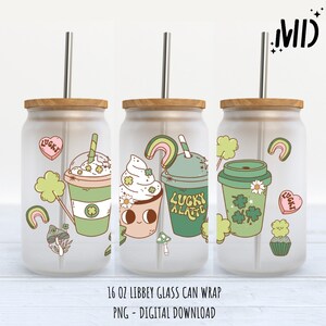 St Patricks Day Libbey 16oz, Rainbow St Patricks Day Glass Can png, Retro Flower Tumbler WrapDigital Design