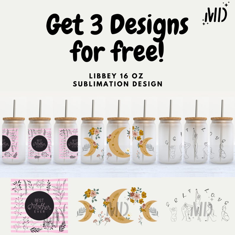 Pu&ograve; includere: Tre design di sublimazione per bicchieri Libbey da 473 ml. I design includono un motivo floreale con una luna crescente, un motivo floreale con le parole "Best Mother Ever" e un disegno a linea di una donna in una posa di yoga.