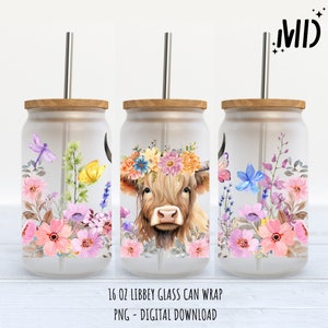 Fall Highland Cow Flower Libbey Glass Can Png, Fall Flower Highland Cow Glass Cup, Autumn Cow Floral 16oz Libbey Glass Can Sublimation