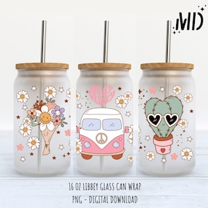 May include: Three 16 oz glass can wraps with a white background and colourful designs. The designs include a bouquet of flowers, a pink and white van with a peace sign, and a cactus with sunglasses.