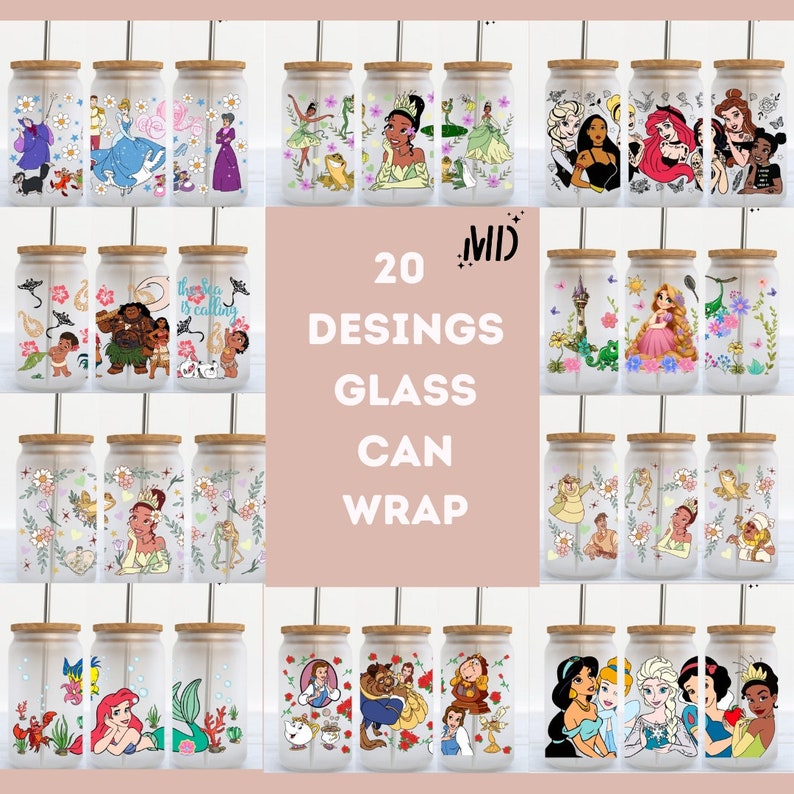 Op de afbeelding: Twintig verschillende ontwerpen voor glazen blikverpakkingen met Disney-prinsessen. De ontwerpen omvatten Ariel, Belle, Assepoester, Elsa, Jasmine, Moana, Mulan, Pocahontas, Rapunzel, Sneeuwwitje en Tiana.