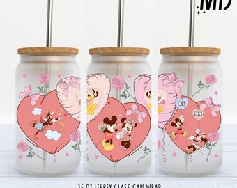 May include: Three 16 ounce glass can wraps featuring Mickey Mouse and Minnie Mouse with hearts and balloons. The wraps are designed for Valentine's Day.