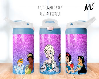 May include: Three 12oz tumbler wraps featuring different Disney princesses. The wraps are printed on a purple and pink glitter background. The princesses featured are Cinderella, Tiana, Elsa, Snow White, and Jasmine.