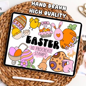 May include: A set of 30 hand-drawn Easter themed Procreate stamps. The stamps feature a variety of cute illustrations, including bunnies, chicks, eggs, carrots, and flowers. The text "Happy Easter" is also included in the set.