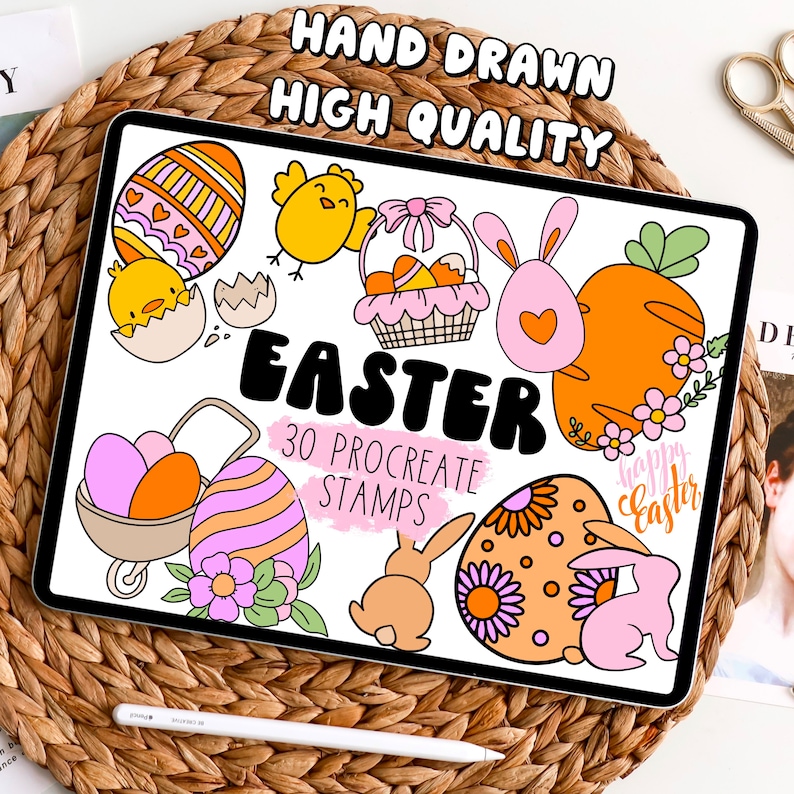 May include: A set of 30 hand-drawn Easter themed Procreate stamps. The stamps feature a variety of cute illustrations, including bunnies, chicks, eggs, carrots, and flowers. The text "Happy Easter" is also included in the set.