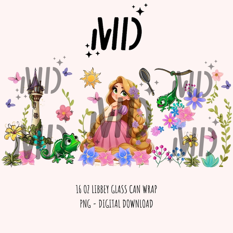 Pu&ograve; includere: Un download digitale di un involucro per lattina di vetro da 473 ml con un'immagine di cartone animato di Rapunzel dal film Disney Rapunzel. L'immagine include Rapunzel con i suoi lunghi capelli biondi, un camaleonte, una padella, una torre e fiori. Il testo "16 oz LIBBEY GLASS CAN WRAP PNG - DIGITAL DOWNLOAD" &egrave; nella parte inferiore dell'immagine.