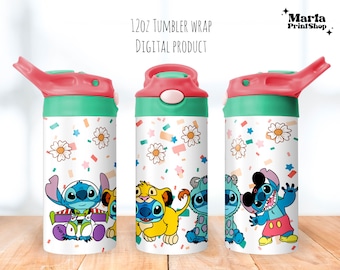 May include: Three 12oz tumbler wraps with a white background and a confetti pattern. The wraps feature different Disney characters, including Stitch dressed as Buzz Lightyear, Stitch dressed as Simba, and Stitch dressed as Mike Wazowski. The text "12oz Tumbler Wrap Digital Product" is at the top of the image.