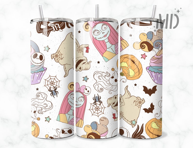 May include: White tumbler with a repeating pattern of characters from The Nightmare Before Christmas. The characters include Jack Skellington, Sally, Zero the ghost dog, and Oogie Boogie. The tumbler has a straw and a lid.