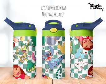 May include: Three 12oz tumbler wraps featuring a green, white, and blue checkered background with various cartoon characters. The wraps feature Stitch, Lilo, and a green monster.