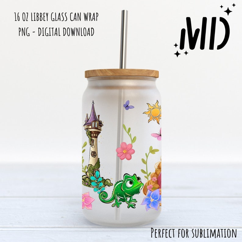 Pu&ograve; includere: Un design di sublimazione per un involucro di lattina di vetro da 473 ml con una torre di cartoni animati, fiori, un camaleonte e un sole con un viso. Il design &egrave; perfetto per un involucro di lattina di vetro.