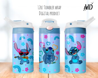 May include: Three 12oz blue tumblers with a white lid and straw. Each tumbler features a different Stitch design with a blue, pink, and yellow color scheme. The tumblers are on a wooden surface. 12OZ TUMBLER WRAP DIGITAL PRODUCT.