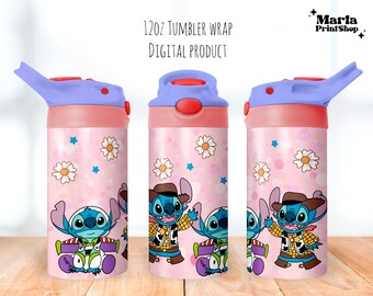 May include: A pink 12oz tumbler wrap with a digital design featuring Stitch from Lilo & Stitch dressed as a cowboy and a space ranger. The background is pink with white daisies and stars.