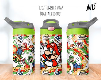 May include: A 12oz tumbler wrap featuring a colorful design with Mario, Luigi, and other characters from the Super Mario Bros. video game series. The wrap is a digital product.