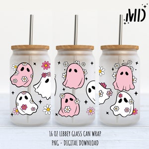 Retro Blumengeist Halloween Libbey 16 Unzen, magische Halloween Glasdose 16 Unzen, Halloween png, Geist Bierdose Glasverpackung, Geisterglasdose wickeln