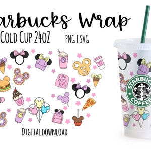May include: A digital download of a Starbucks cold cup wrap design featuring a pink and white color scheme with Mickey Mouse and Minnie Mouse characters, stars, and other Disney-themed icons. The text "Starbucks Coffee" is visible on the cup. The design is for a 24 oz cold cup.