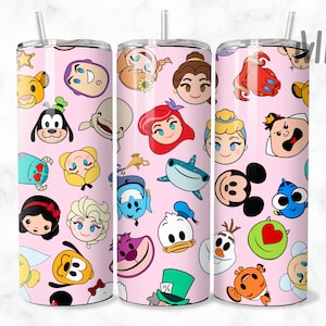 May include: Pink tumbler with a variety of Disney character faces, including Mickey Mouse, Ariel, and Cinderella. The tumbler has a straw and a lid.