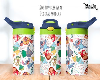 May include: A digital download for a 12oz tumbler wrap featuring a colorful pattern of Stitch and other characters from Lilo & Stitch. The design includes Mickey Mouse ears, stars, and lightning bolts. The wrap is designed to fit a 12oz tumbler.